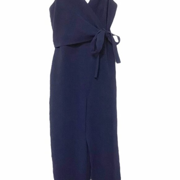 Club Monaco Navy Sleeveless Paneled Side Waist Tie Cropped Jumpsuit Size 0 - Picture 2 of 6